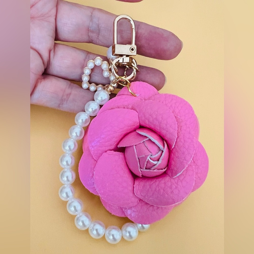 Pink PU Leather Camellia Keychain with Pearl Strap